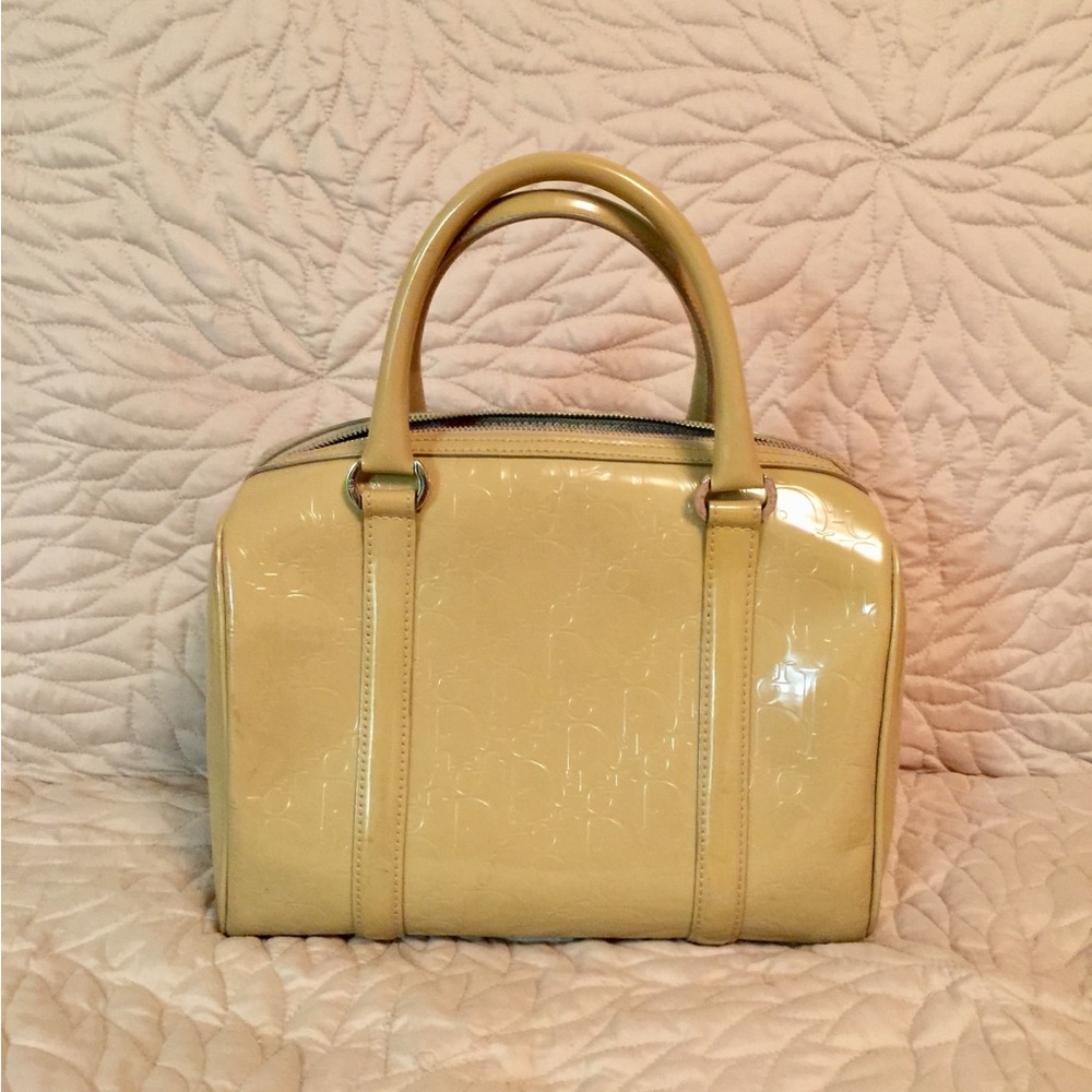 Christian Dior Beige Patent Leather Boston Handbag